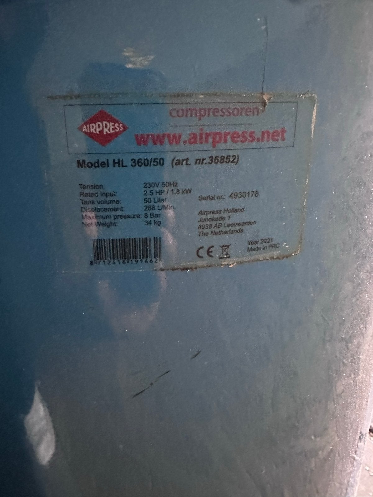 Airpress Compressor HL 360/50 - 50L, 10 bar, Gebruikt, 6 tot 10 bar, Ophalen of Verzenden, 25 tot 100 liter
