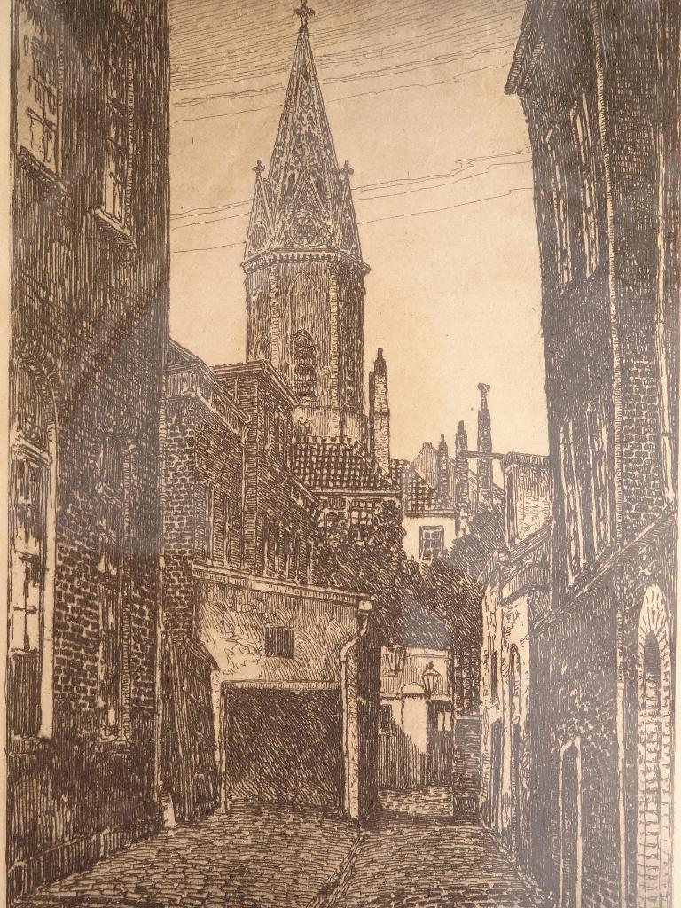 ets Jacobuskerk uit een steeg Den Haag, P. Matthes rond 1930, Antiek en Kunst, Architectuur, Origineel, 1950 - 1999, Verzenden