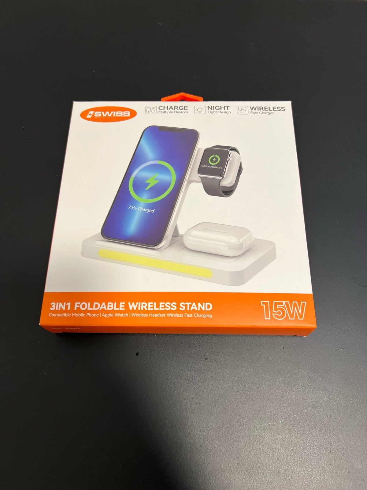 Swiss 3-in-1 Opvouwbare Draadloze Oplader 15W, Telecommunicatie, Mobiele telefoons | Telefoon-opladers, Nieuw, Draadloze oplader