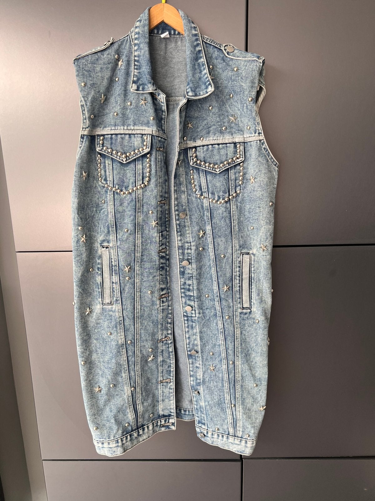 OPVALLEND LANGE BLAUW DENIM / SPIJKERSTOF JASJE / GILET L, Ophalen of Verzenden, Zo goed als nieuw, Maat 42/44 (L), Blauw