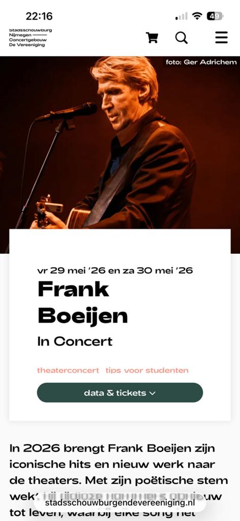 1x Frank Boeijen in Nijmegen zaterdag 30 mei ‘26, Tickets en Kaartjes, Eén persoon, Mei