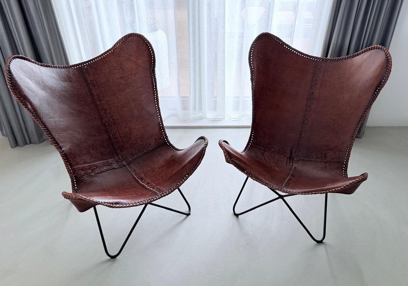 Lederen vlinderstoelen, Huis en Inrichting, Stoelen, Ophalen, Zo goed als nieuw, Bruin, Leer