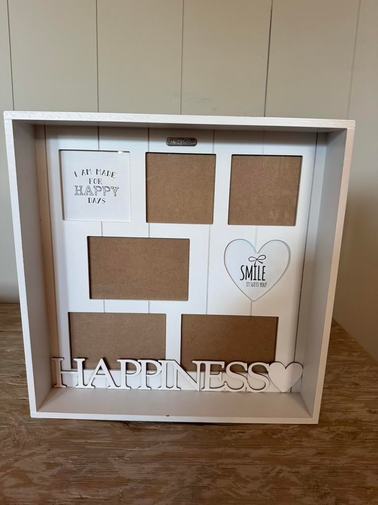 Witte fotolijst met 6 vakken en 'Happiness' decoratie, Ophalen, Zo goed als nieuw, Hout