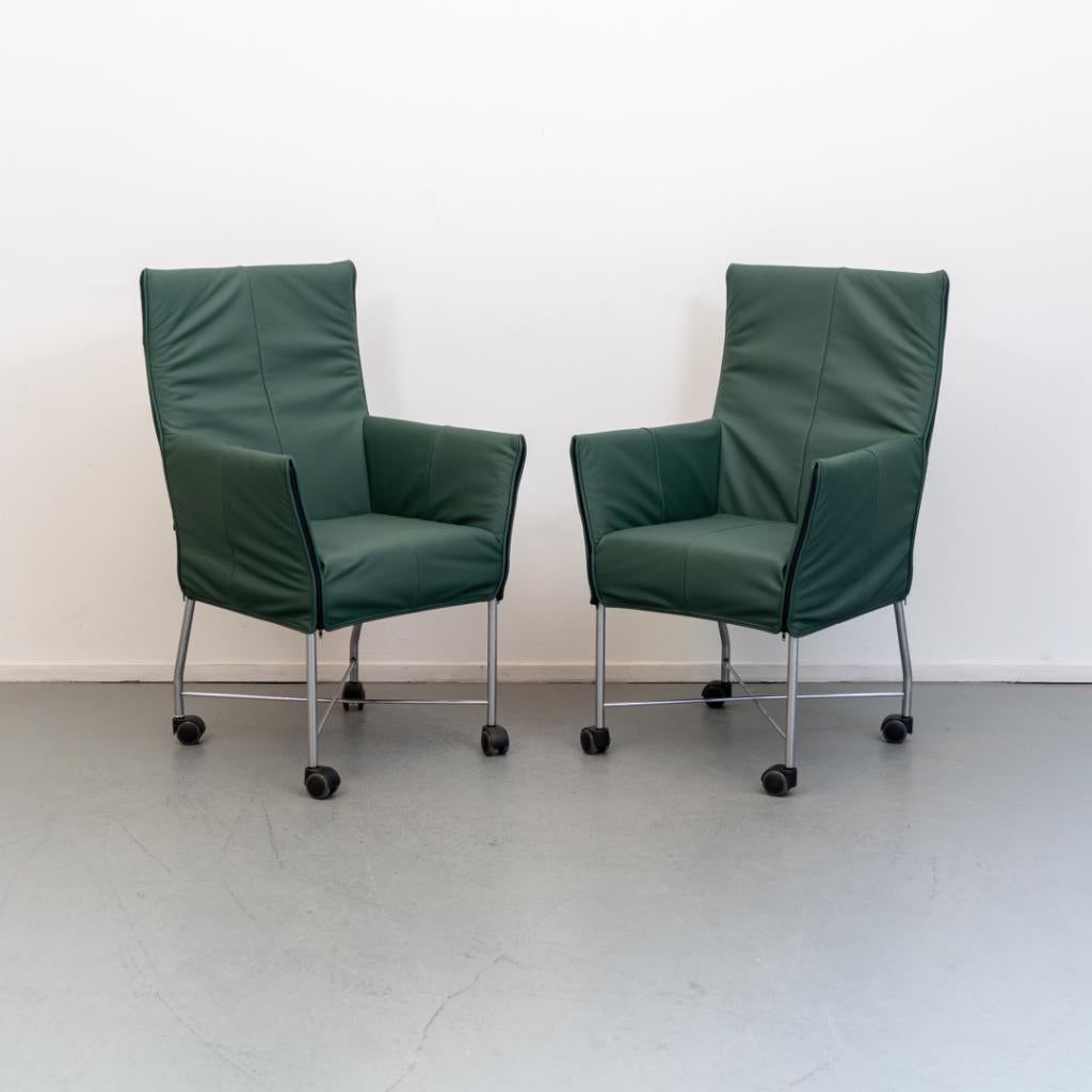 8 Montis Chaplin (eetkamer) stoelen groen leder - rvs wiel, Niet ingevuld, Niet ingevuld, Ophalen of Verzenden, Zo goed als nieuw