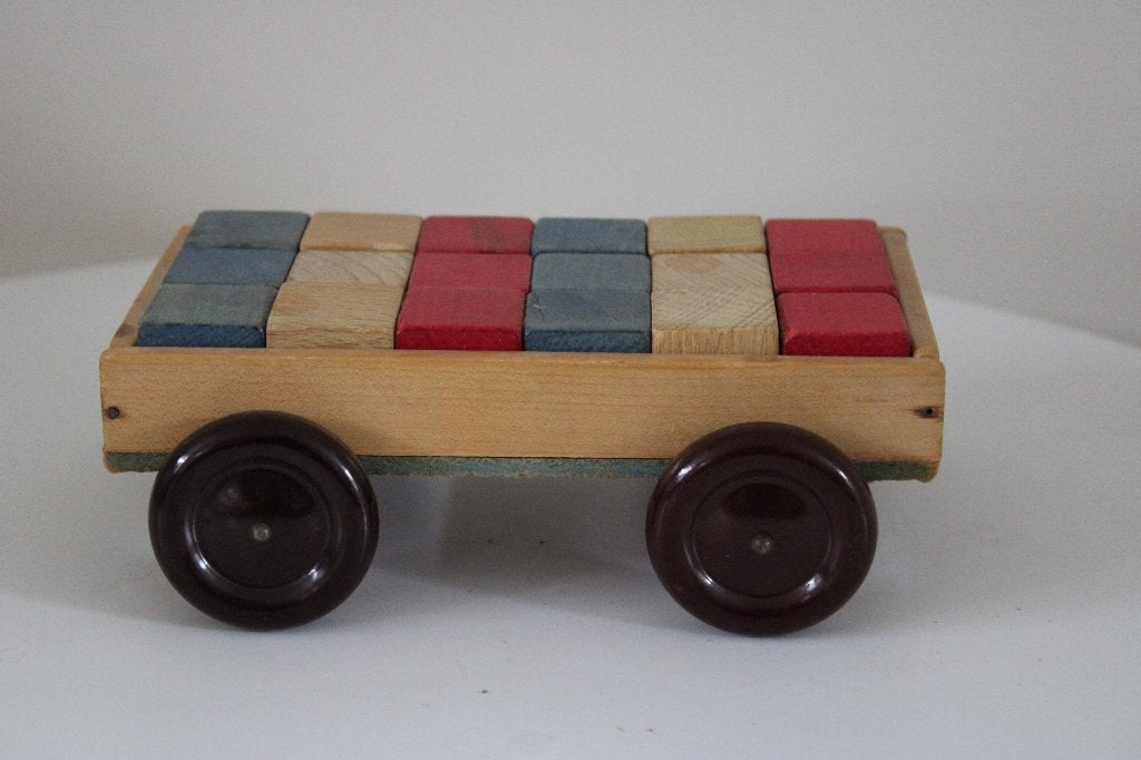 * Vintage houten BLOKKENWAGEN / 18 blokken *, Ophalen of Verzenden, Gebruikt