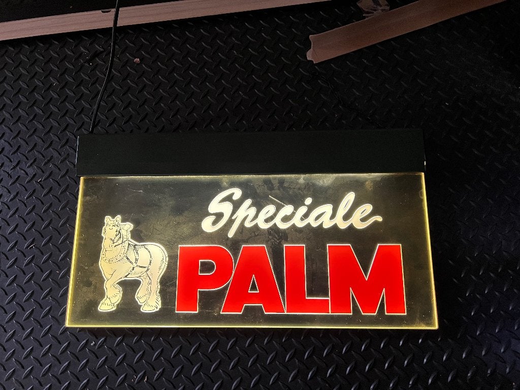 Bier reclame licht palm uithang bord verlicht, Ophalen of Verzenden, Zo goed als nieuw, Reclamebord, Plaat of Schild, Palm
