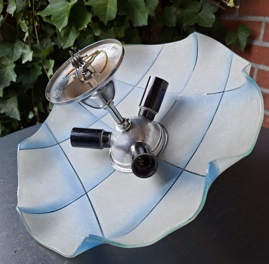 plafonnière/mini plafondlamp- golvend blauw glas, en chroom, Blauw, Gebruikt, Vintage, Glas
