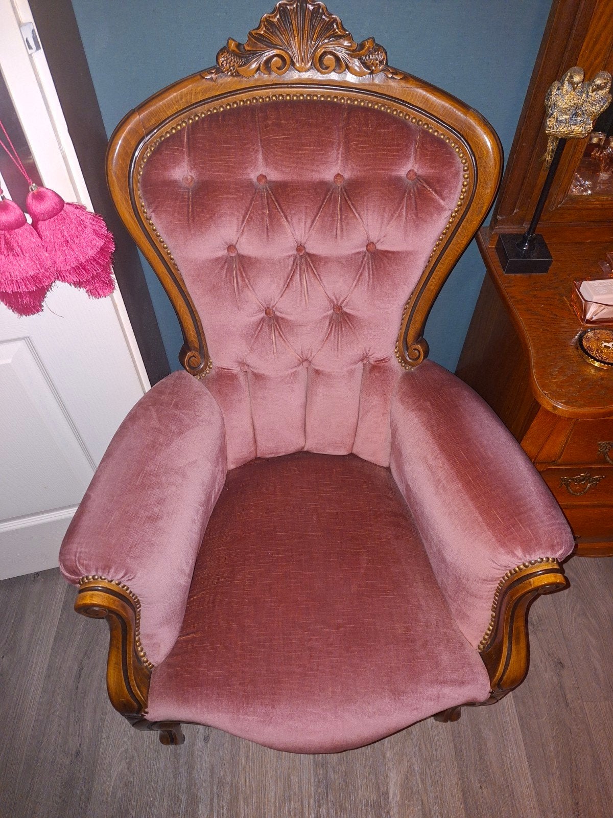 Klassieke Barok Fauteuil - Oud Roze Velours, Ophalen, Gebruikt, Barok, 75 tot 100 cm