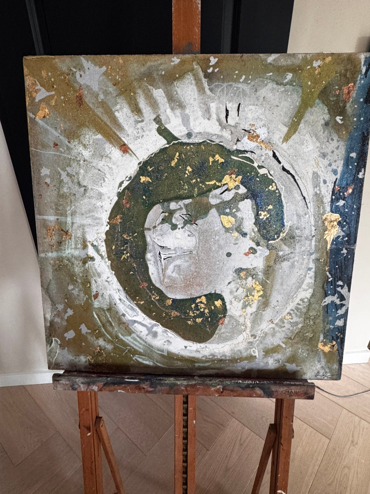 Abstract schilderij met stukjes bladgoud, Ophalen