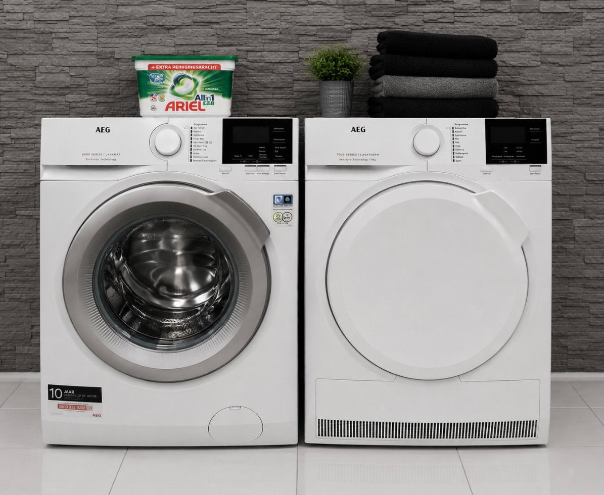 Aeg wasmachine& aeg warmtepompdroger, 8 tot 10 kg, Ophalen, Zo goed als nieuw, 85 tot 90 cm