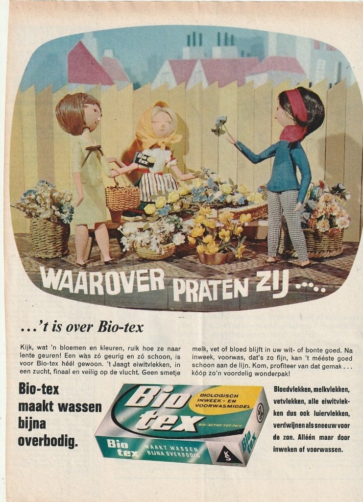 retro reclame 1966 Biotex wasmiddel bij bloemenstalletje, Verzenden, Overige typen