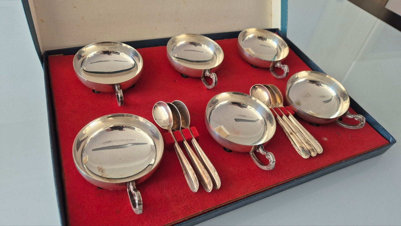 Set van 6 verzilverde ijscoupes met lepels in doos, Ophalen of Verzenden
