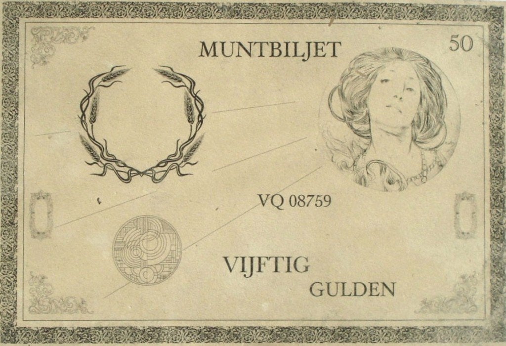 Nederland - Amsterdamse tekenschool 50 gulden z.j. ('20), Postzegels en Munten, Ophalen of Verzenden, Koningin Wilhelmina, 50 gulden