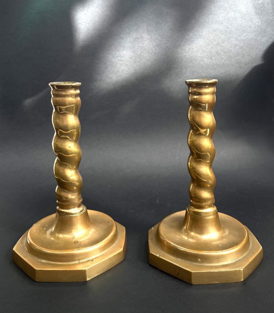 Antieke bronzen kandelaars Antique Twisted Candles 19th C., Ophalen of Verzenden, Koper of Brons
