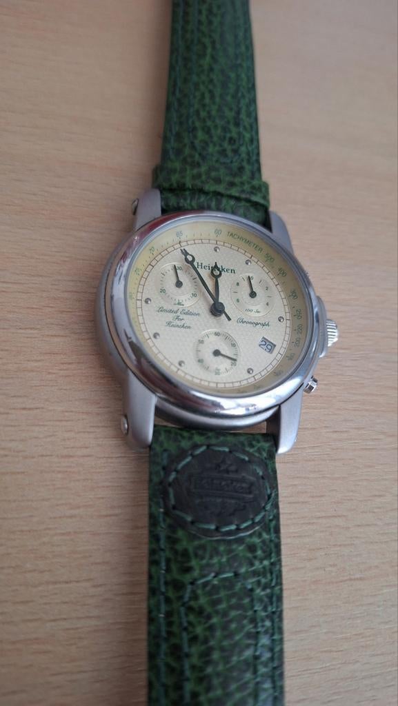 Heineken chronograaf horloge met mooie groene leren band, Overige merken, Staal, Met bandje, Polshorloge