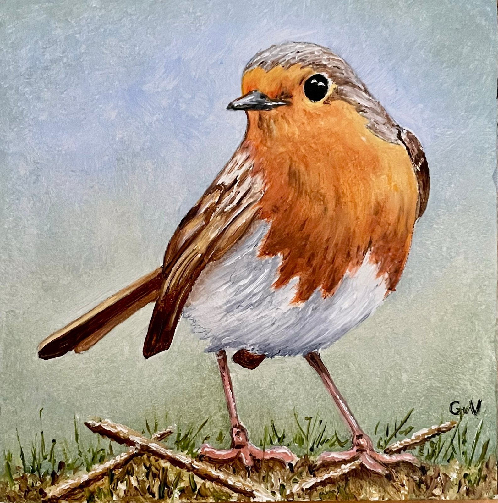 Schilderij Roodborstje - Handgeschilderd, Hout, Ophalen of Verzenden, Dieren, Gesigneerd
