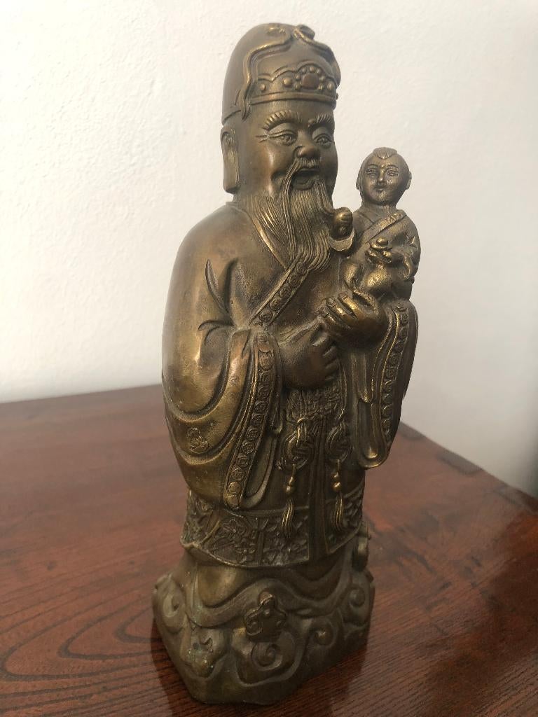 Prachtig Chinees Brons Beeld - Geluksgod Fu Xing met Kind, Verzenden, Brons, 20 - 50 cm, Beeld