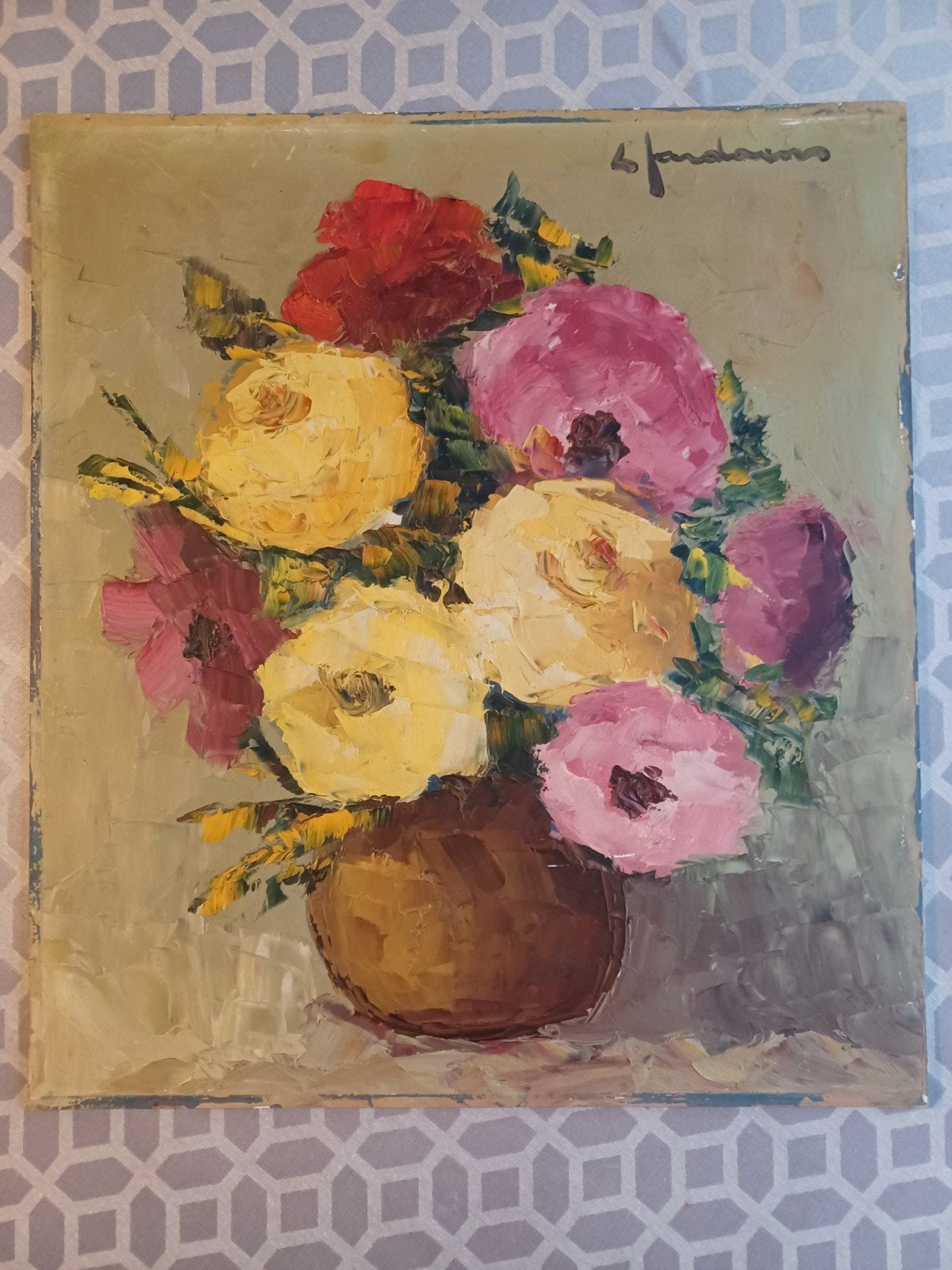 Leo Jordaens,  bloemen., Paneel, Olieverf, Klassiek, Gesigneerd
