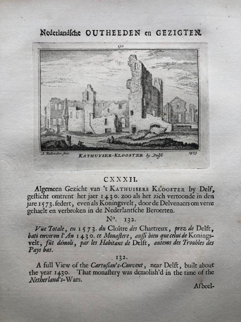 132 / Delft Karthuyser Klooster Kopergravure 1732, Antiek en Kunst, Ophalen of Verzenden