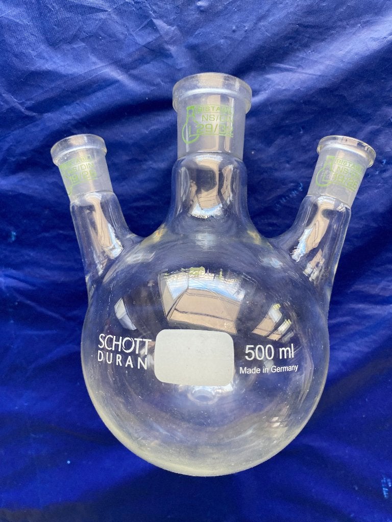 Rondbodemkolf 500ml 3-hals (laboratorium,destillatie), Ophalen of Verzenden, Zo goed als nieuw