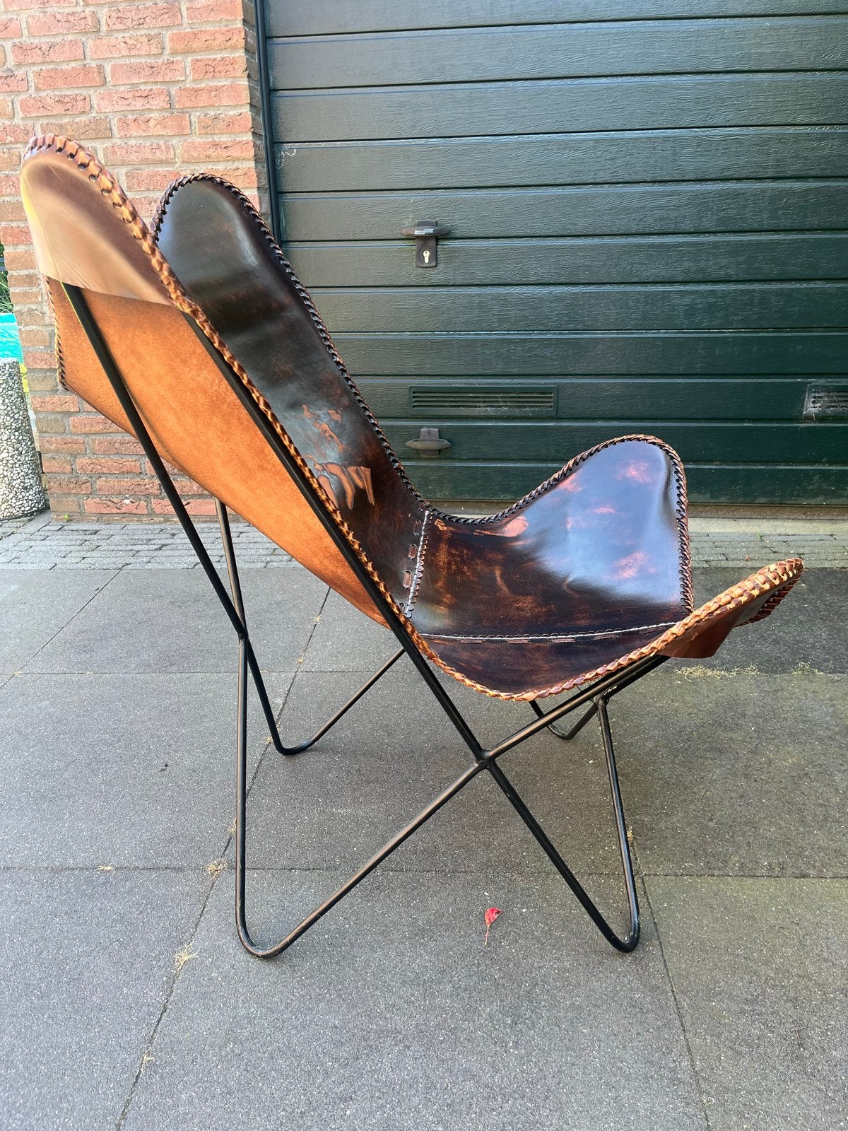 Vlinder fauteuil met leren doek, Ophalen, Gebruikt, Bruin, Leer