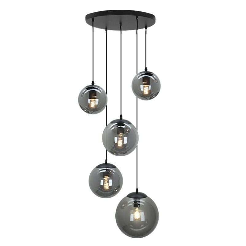 Moderne hanglamp met 5 smoke glazen bollen, Ophalen, Zo goed als nieuw, Glas, E27 (groot)