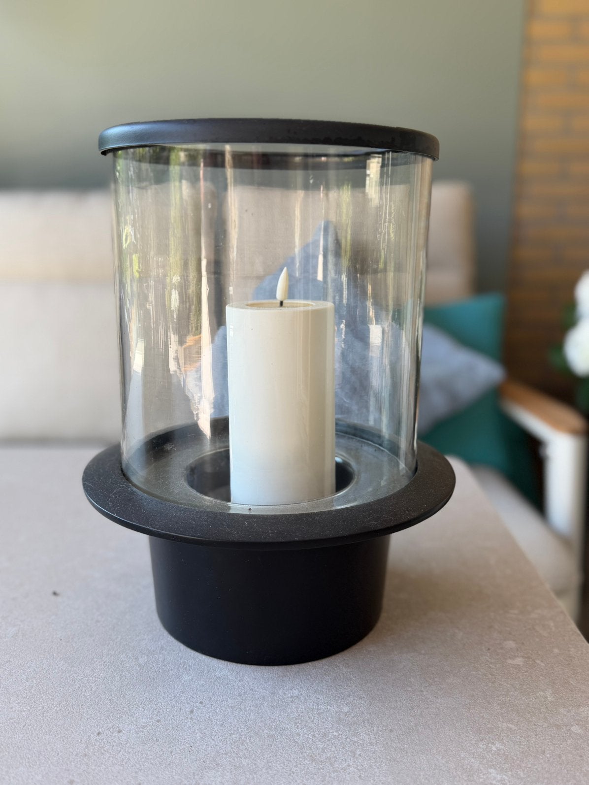 Windlicht zwart metaal, Huis en Inrichting, Woonaccessoires | Kandelaars en Kaarsen, Ophalen, Windlicht, Zwart, Glas