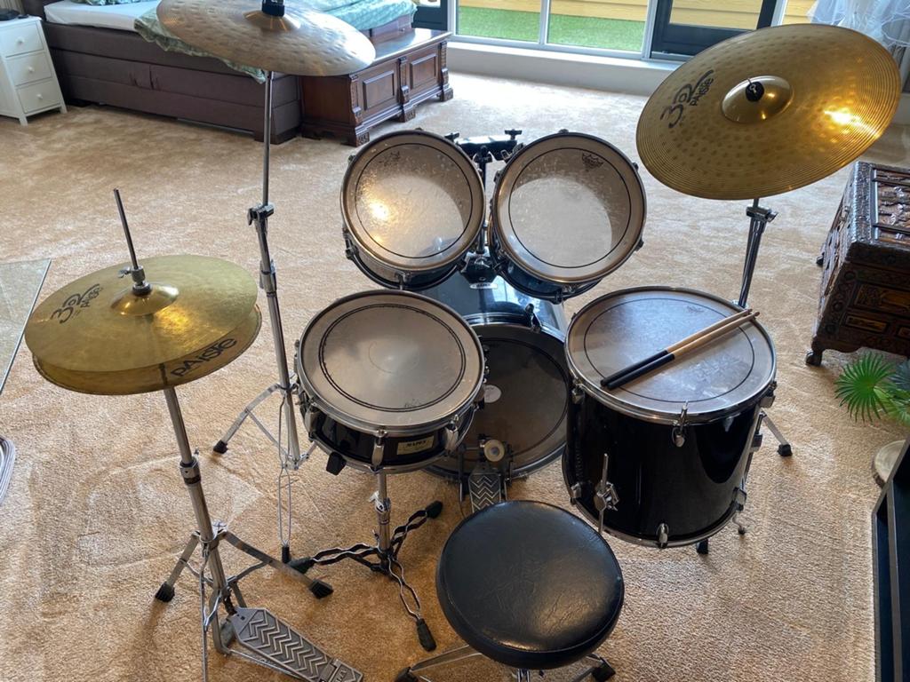 Mapex drumstel met Paiste bekkens met kruk en stokken, Ophalen, Gebruikt, Overige merken
