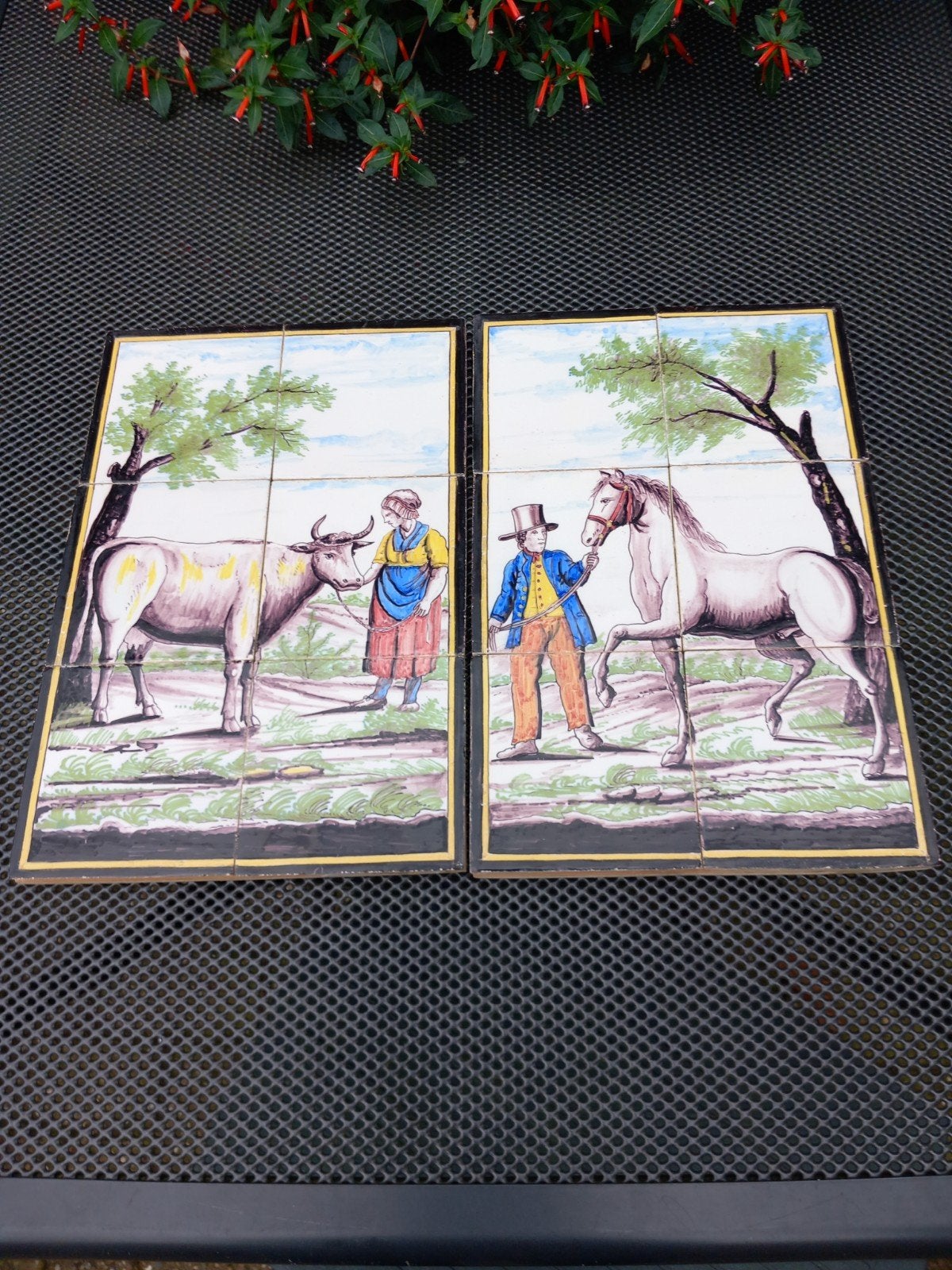 Antieke tegeltableau man met paard vrouw met koe rond 1850, Ophalen of Verzenden