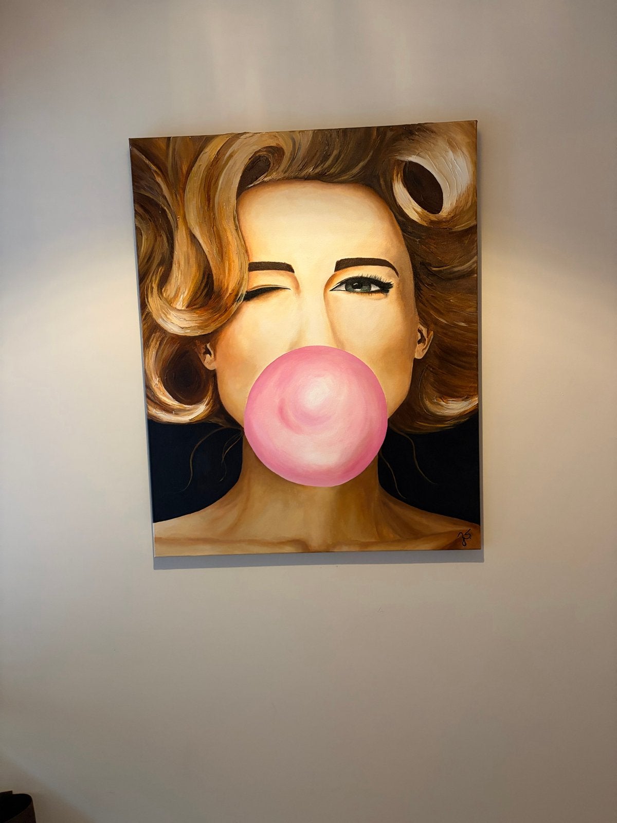 Modern Schilderij: Vrouw met Roze Kauwgombal, Acrylverf, Hout, Handgeschilderd, Ophalen of Verzenden