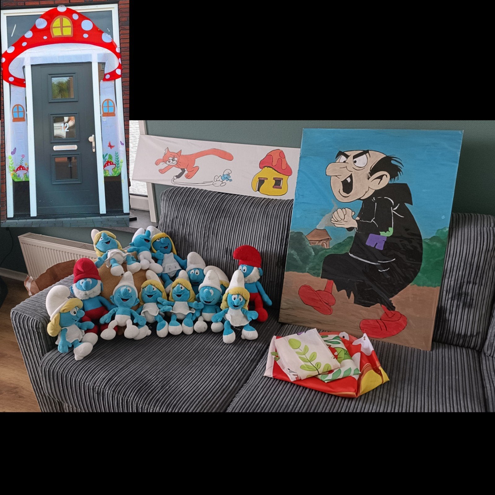 Smurfen knuffels, schilderijen en paddestoel deur banner, Ophalen, Zo goed als nieuw, Verschillende Smurfen