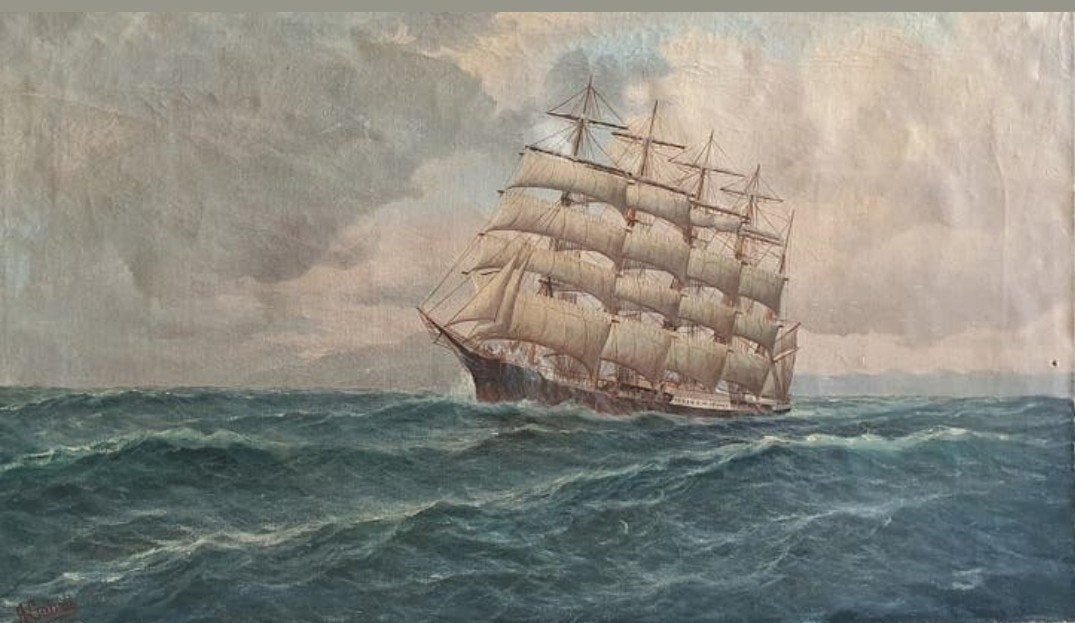 A. Gabali Schilderij: Zeilschip op woelige zee, Ophalen