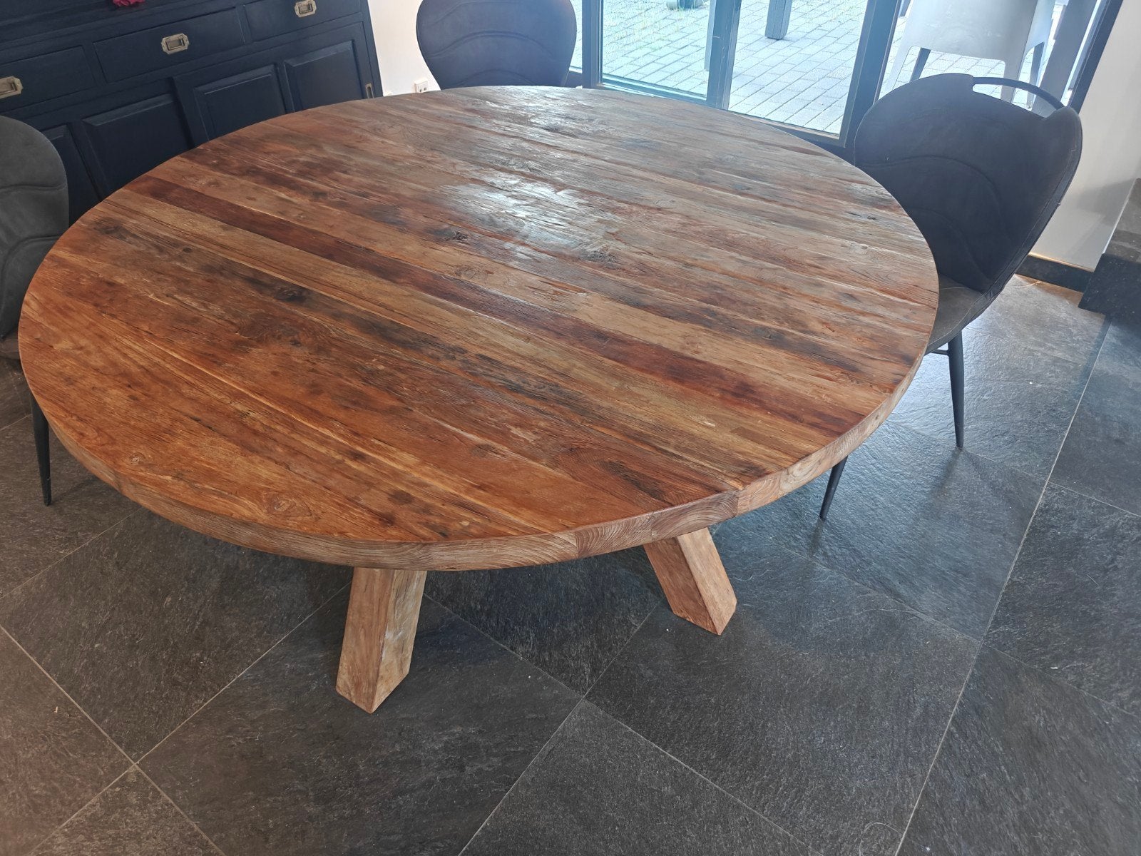 Ronde massief houten eettafel 150cm diameter, 80cm hoog, Ophalen, Gebruikt, 150 tot 200 cm, Rond
