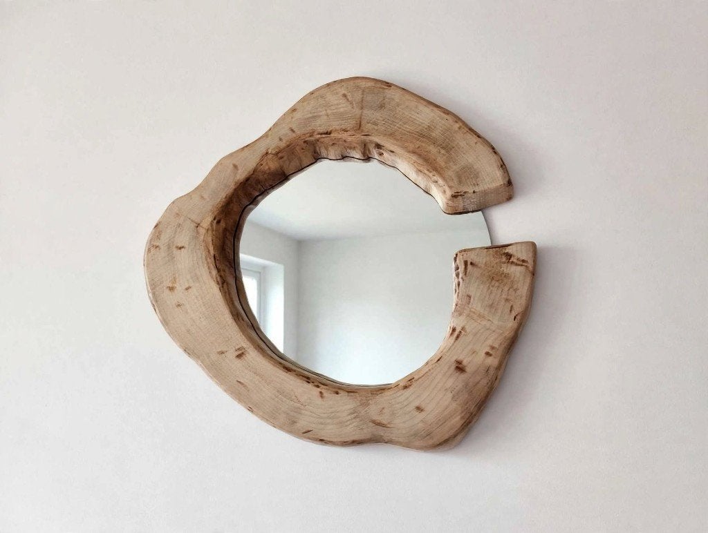 handgemaakte houten spiegel, Ophalen, Rond, Zo goed als nieuw, Minder dan 100 cm