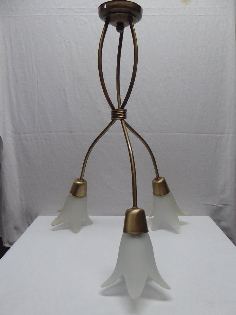 Plafondlamp | drie elegante lampjes met golfkap | brons, Ophalen, E27 (groot), Zo goed als nieuw, Plafondlamp