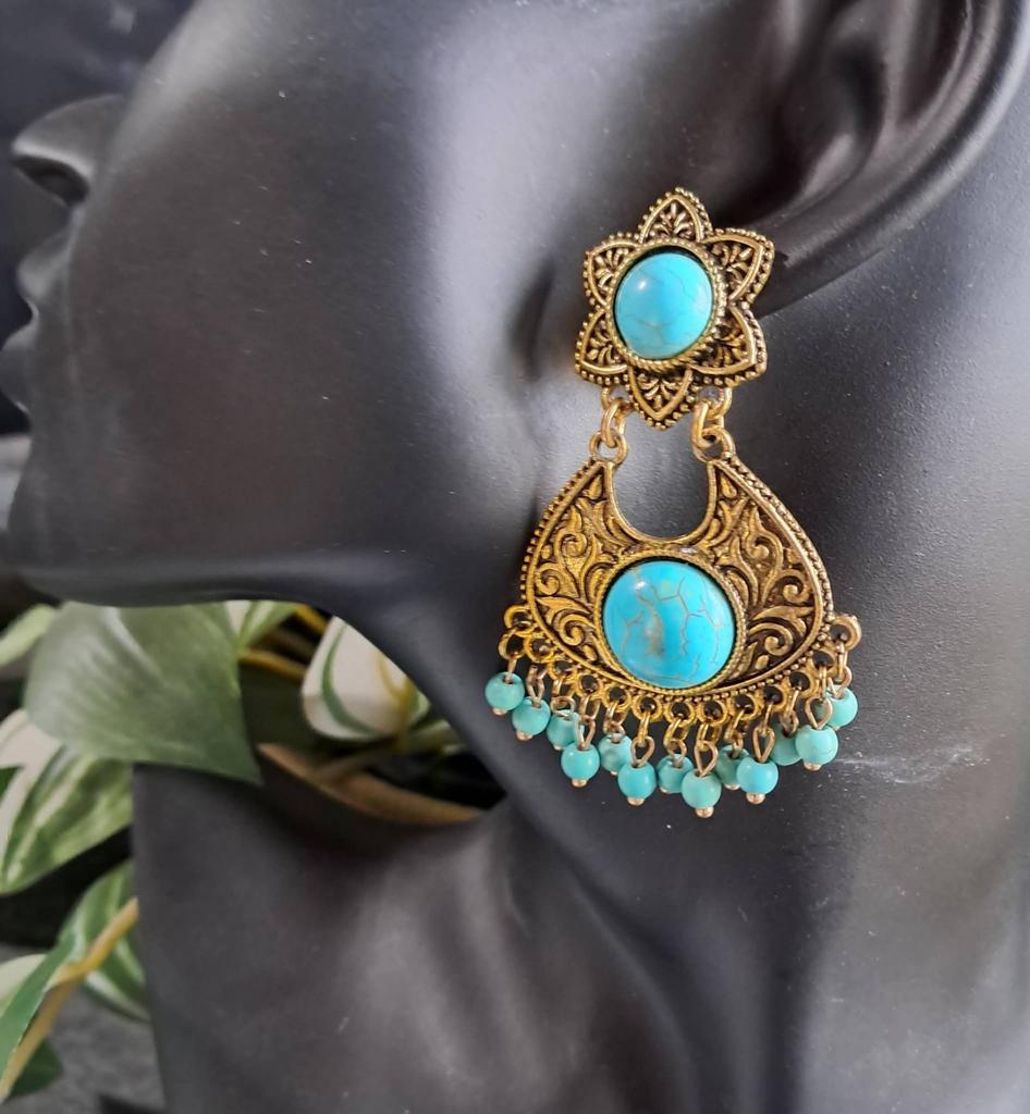 Indiase Gouden Oorbellen met Turkoois, Sieraden, Tassen en Uiterlijk, Oorbellen, Nieuw, Overige materialen, Goud, Ophalen of Verzenden