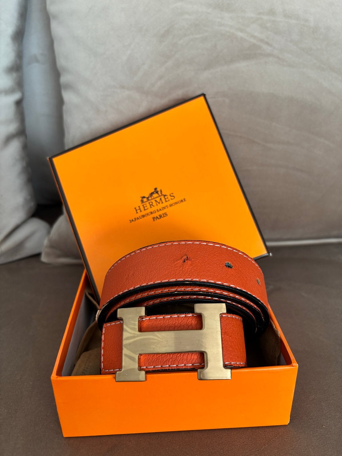 Oranje hermes riem met gouden gesp, Ophalen, Overige kleuren, 3 tot 5 cm, Echt leder