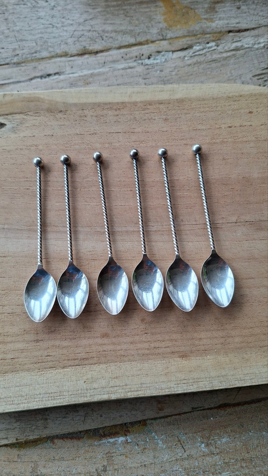 6x Vintage Douwe Egberts theelepeltjes - Stijlappel, Gebruikt, Verzilverd, Ophalen of Verzenden, Metaal