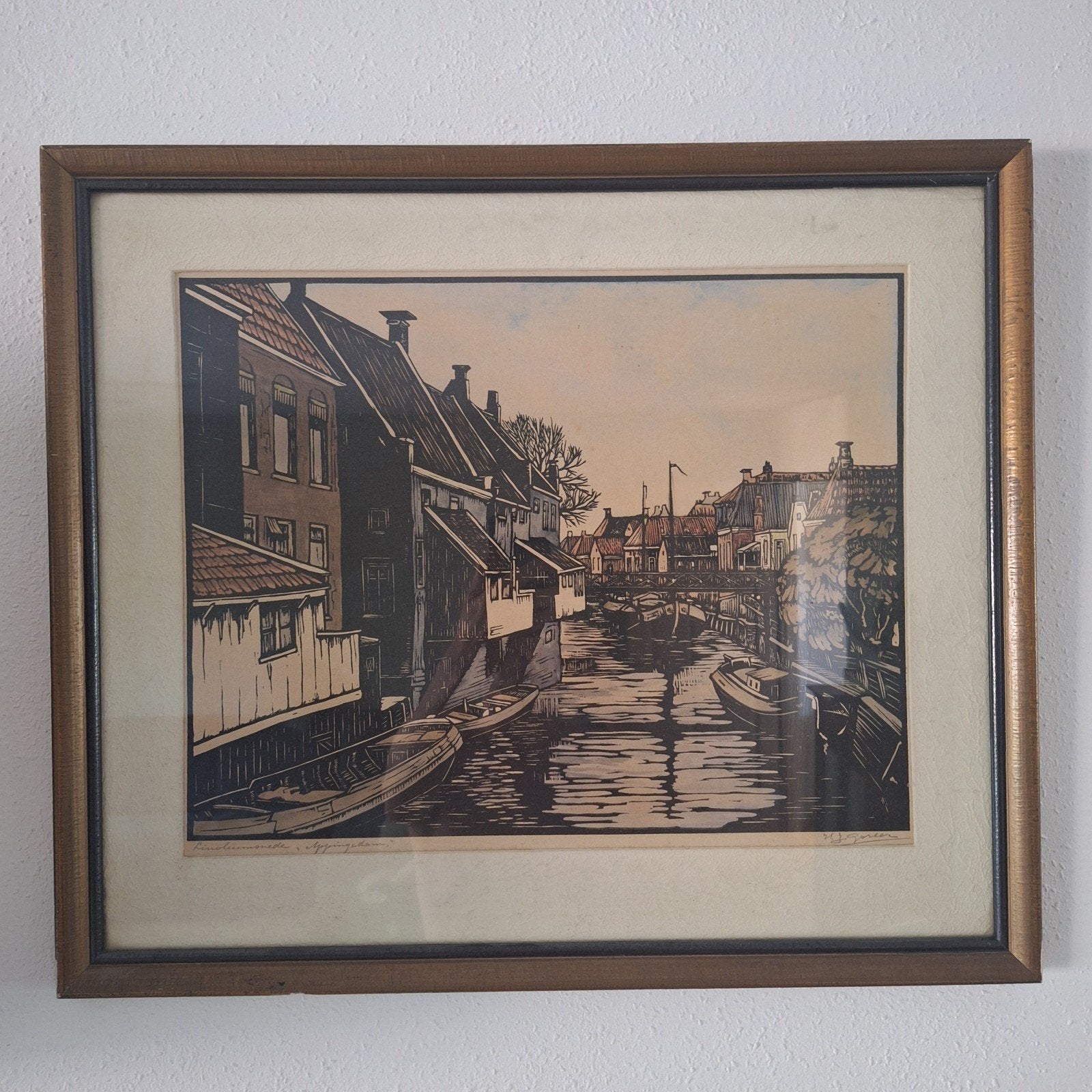 Linosnede H.J. Gorter - Hangende keukens Appingedam signed, Ophalen of Verzenden