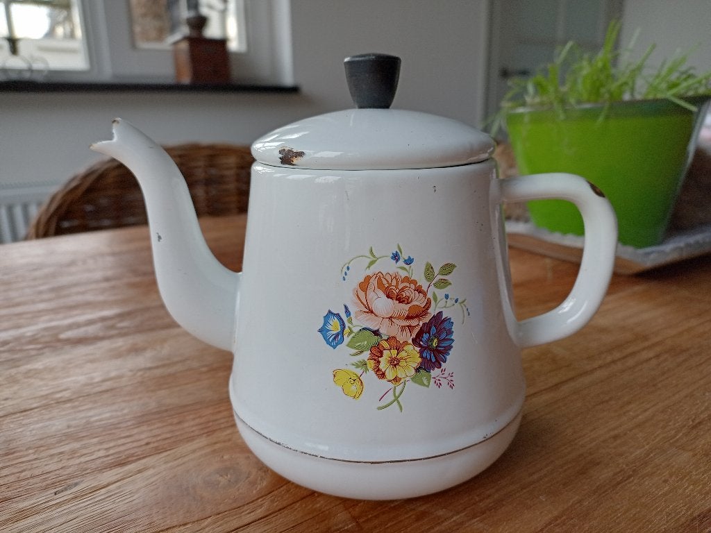 kleine emaille koffiepot met bloemen, Antiek en Kunst, Antiek | Emaille, Ophalen of Verzenden