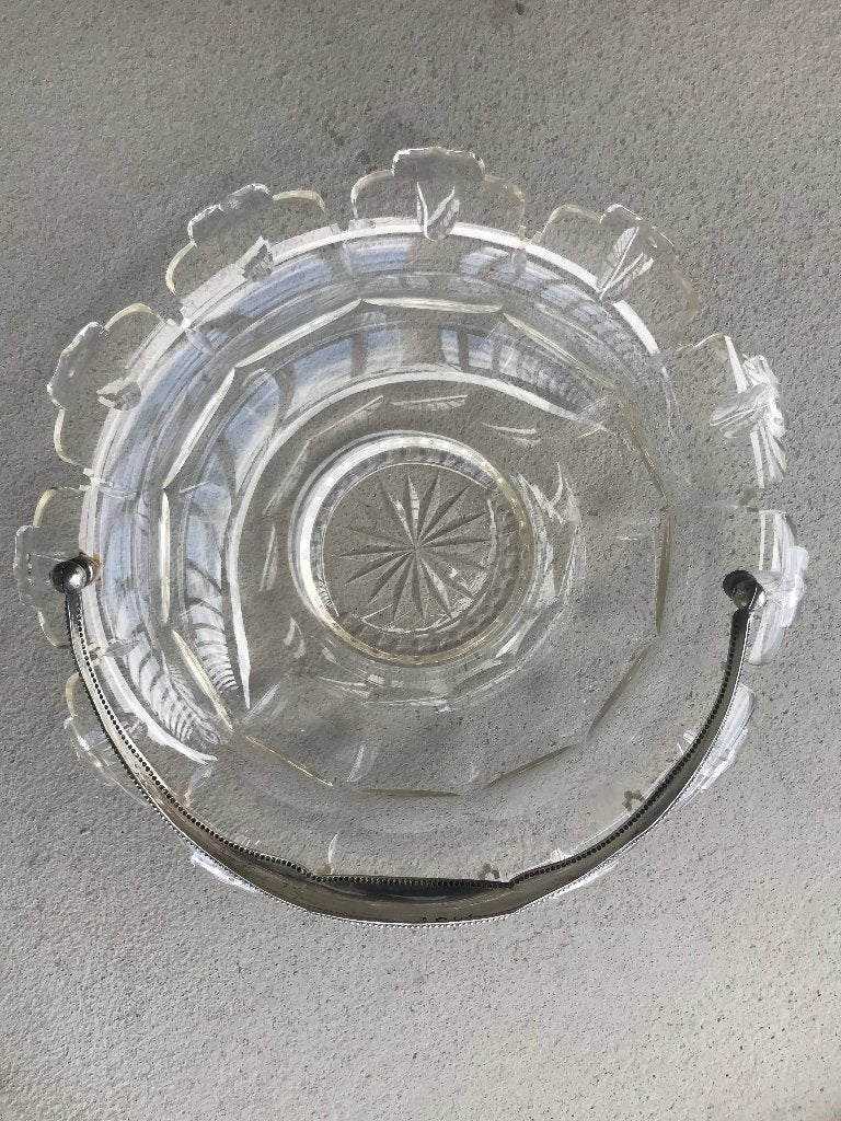 kristallen schaal met zilver beugel antiek, Ophalen of Verzenden