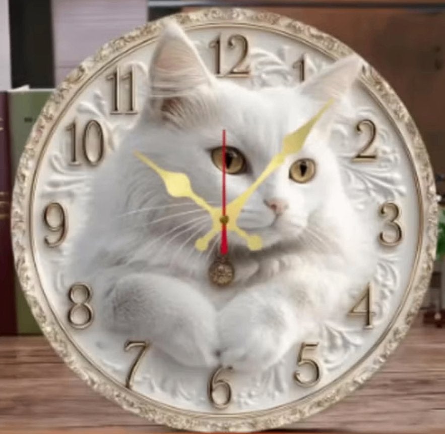Ronde wandklok van hout analoge Witte Kat (25cm)