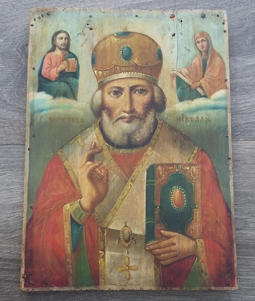Om 1850-1900 Russisch Orthodox Ikoon Icoon Nicolaas van Myra, Ophalen of Verzenden