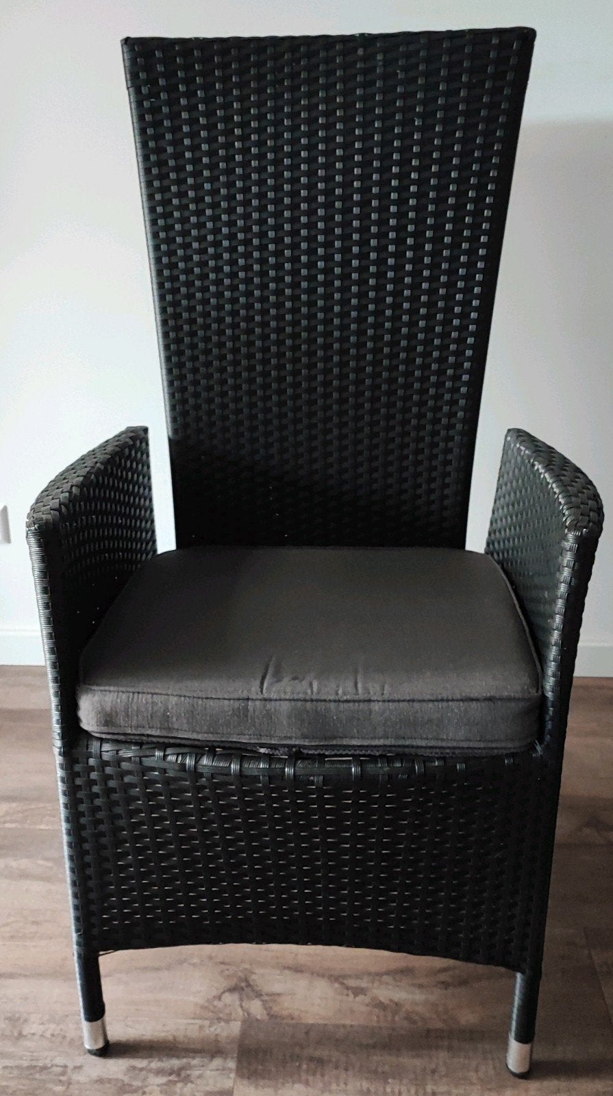 6 Zwarte Jysk Jutlandia Skive standenstoelen met kussen, Ophalen, Gebruikt, Aluminium, Verstelbaar