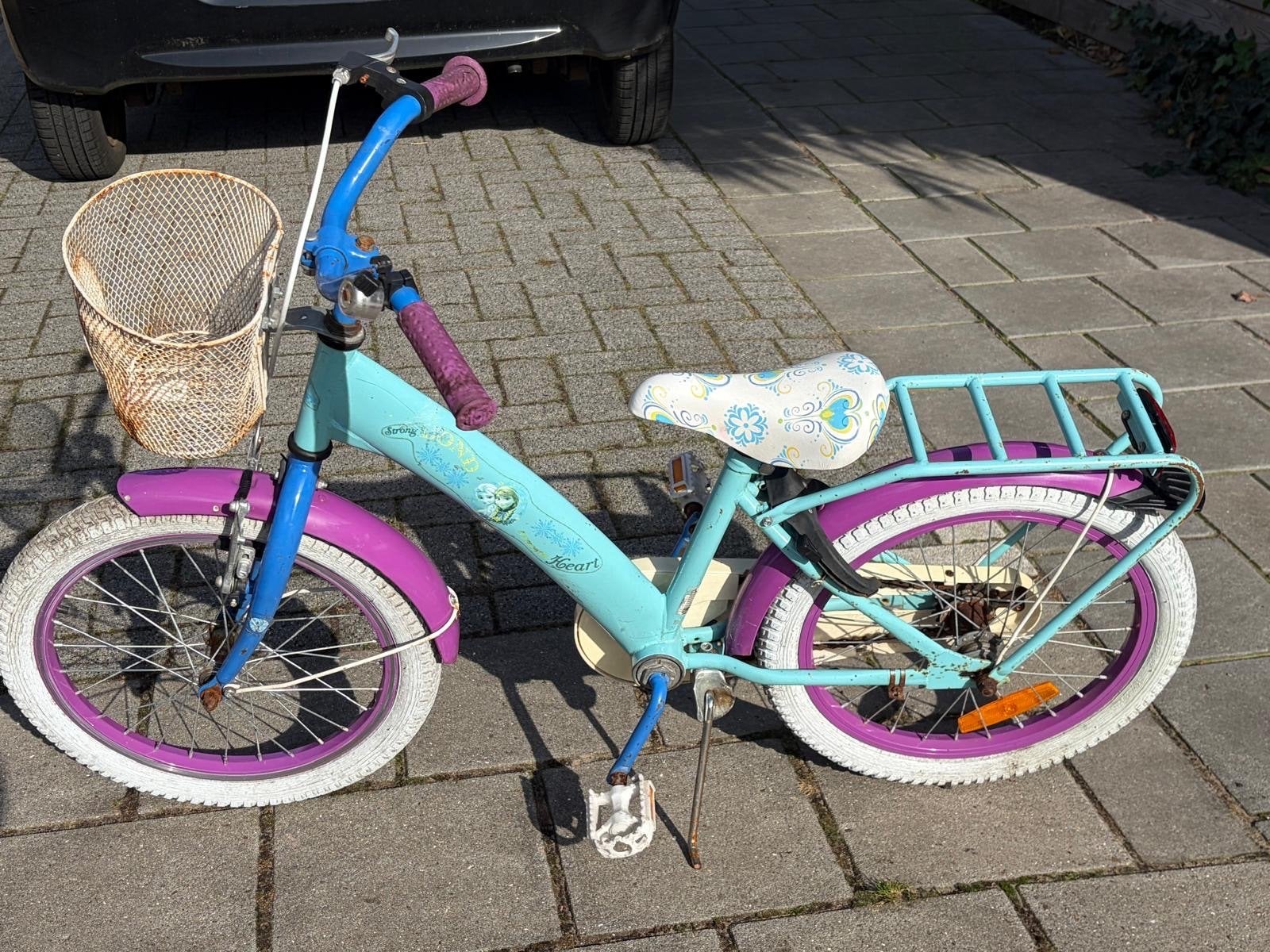 Frozen kinderfiets 18 inch - Blauw/Paars met mandje, Ophalen, Terugtraprem, Zijwieltjes, 16 tot 20 inch