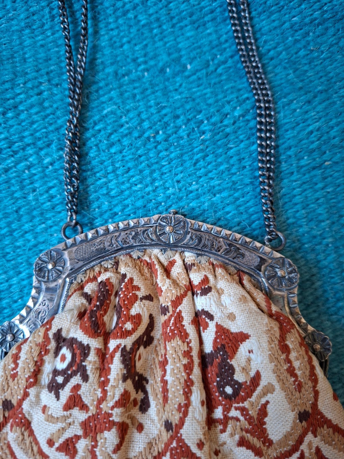 Antiek petit point beugeltasje., Ophalen, Zilver