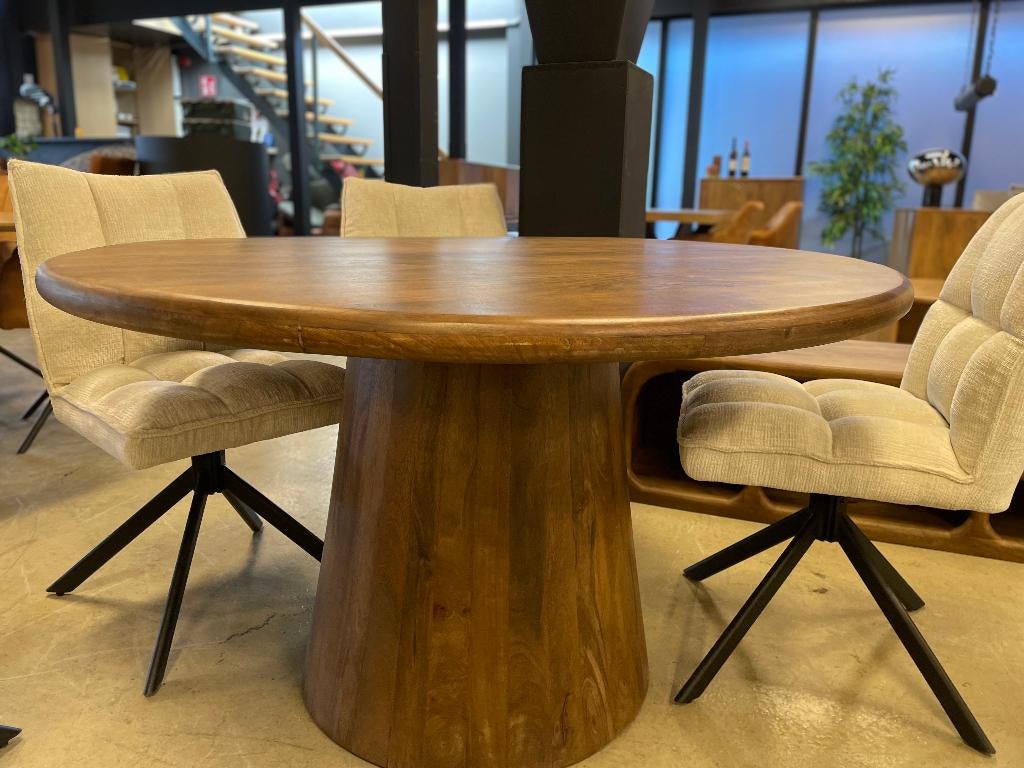 LEEGVERKOOP MANGO HOUTEN ONDERSTEL ROND BLAD 120 CM ! 459, Huis en Inrichting, Ophalen, Bruin, Nieuw, Modern
