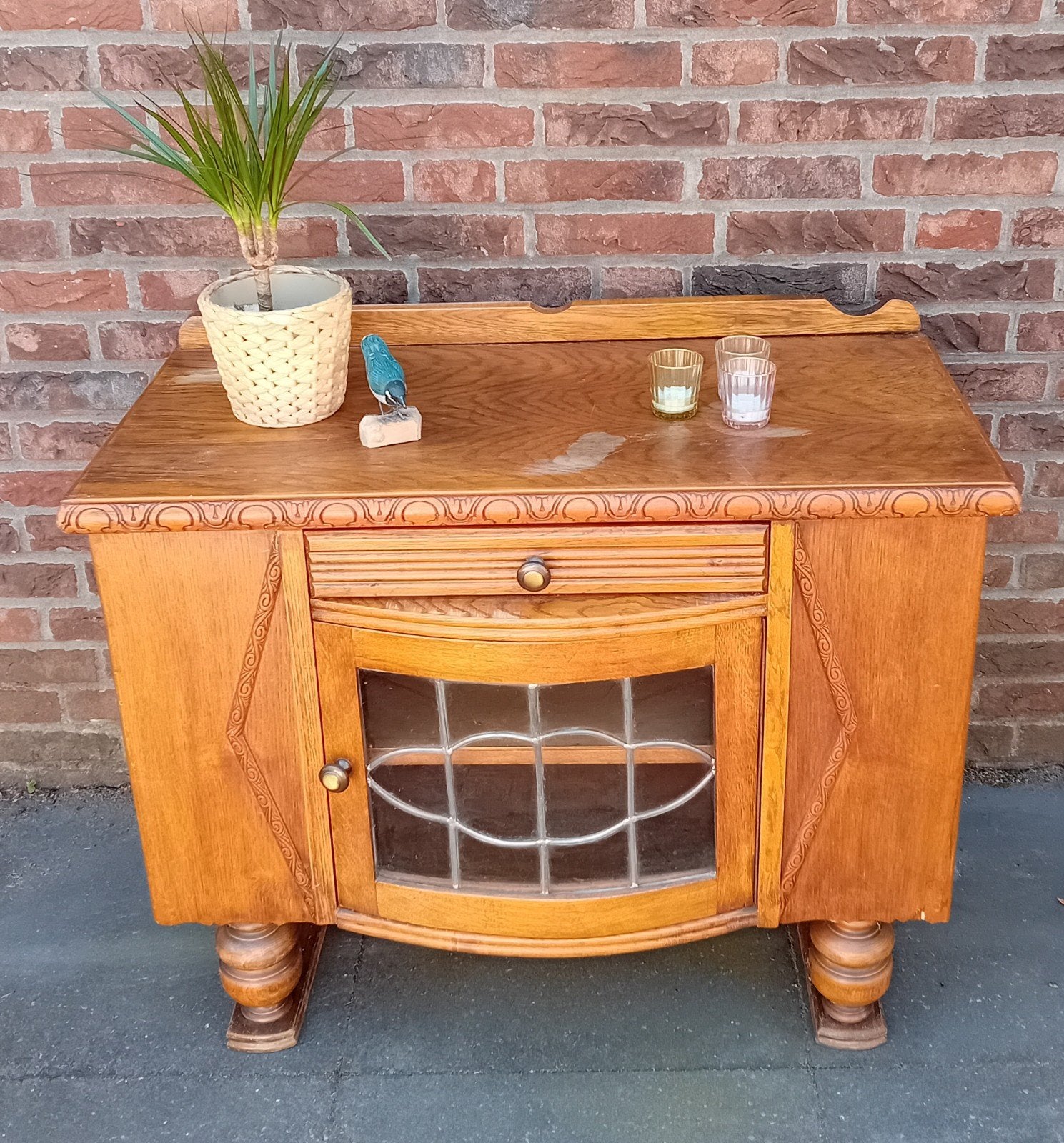 Antiek vintage theekast dressoir met glas in lood, Ophalen