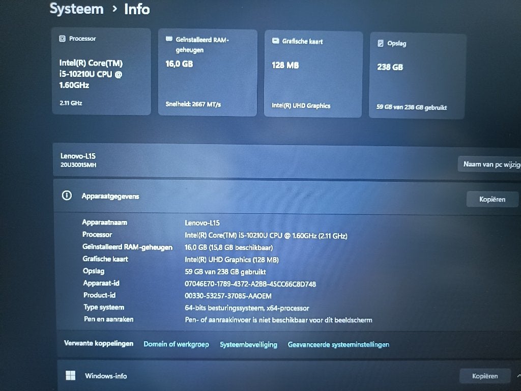 Lenovo ThinkPad L15 Laptop + oplader + garantie! W11, 256 GB, Met videokaart, 2 tot 3 Ghz, ThinkPad L15 Gen 1