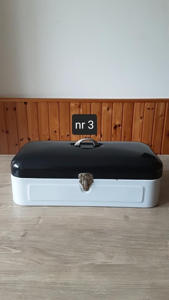 EMAILLE GRIJSE BROODTROMMEL MET ZWARTE DEKSEL., Ophalen of Verzenden